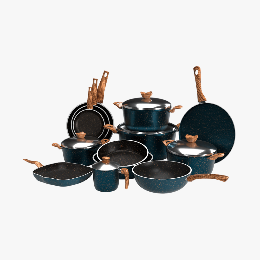 طقم حلل جرانيت تيرينوفا 18 قطعة لون تركواز – طقم طبخ متكامل بأحجام متعددة للمطبخ العصري