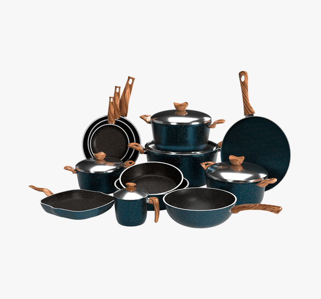 طقم حلل جرانيت تيرينوفا 18 قطعة لون تركواز – طقم طبخ متكامل بأحجام متعددة للمطبخ العصري