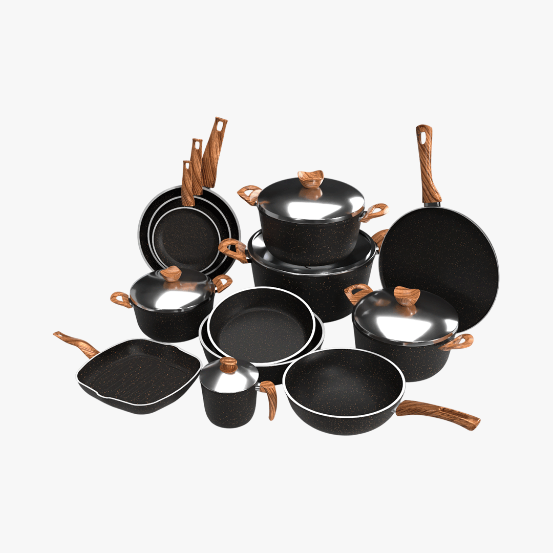 طقم حلل جرانيت تيرينوفا 18 قطعة لون اسود – طقم طبخ متكامل بأحجام متعددة للمطبخ العصري