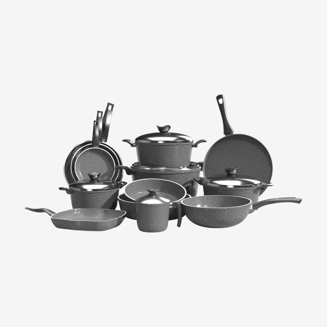 طقم حلل جرانيت تيرينوفا 18 قطعة لون رمادي – طقم طبخ متكامل بأحجام متعددة للمطبخ العصري