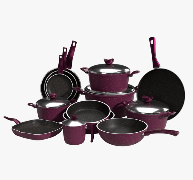 طقم حلل جرانيت تيرينوفا 18 قطعة لون بوردو – طقم طبخ متكامل بأحجام متعددة للمطبخ العصري