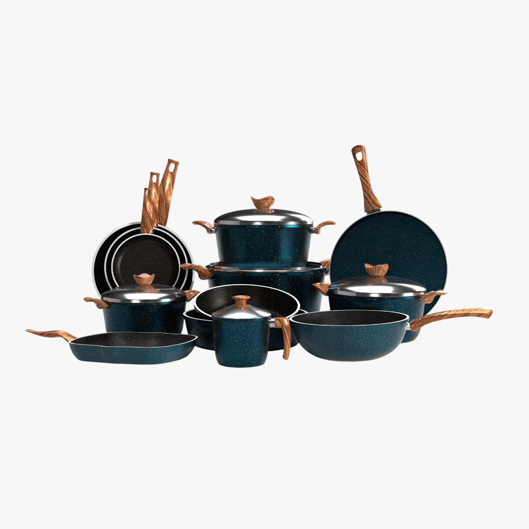 طقم حلل جرانيت تيرينوفا 18 قطعة لون تركواز – طقم طبخ متكامل بأحجام متعددة للمطبخ العصري