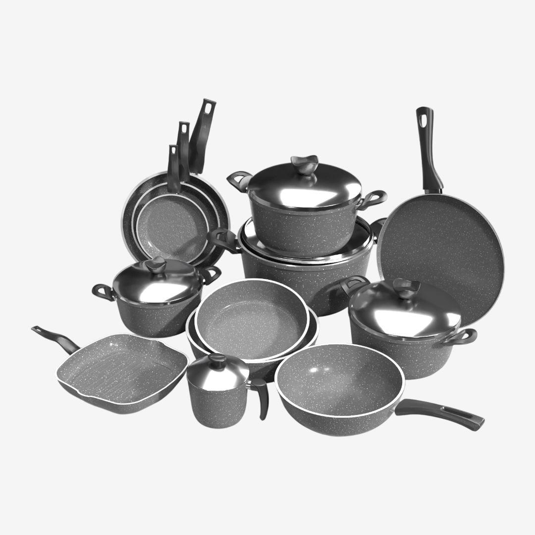 طقم حلل جرانيت تيرينوفا 18 قطعة لون رمادي – طقم طبخ متكامل بأحجام متعددة للمطبخ العصري
