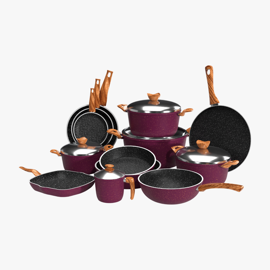 طقم حلل جرانيت تيرينوفا 18 قطعة لون بوردو – طقم طبخ متكامل بأحجام متعددة للمطبخ العصري