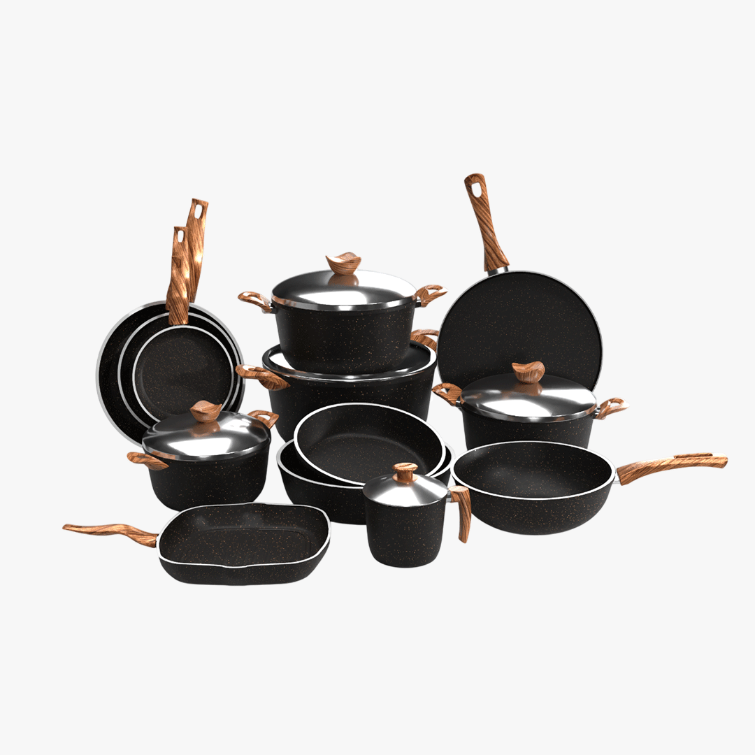 طقم حلل جرانيت تيرينوفا 18 قطعة لون اسود – طقم طبخ متكامل بأحجام متعددة للمطبخ العصري
