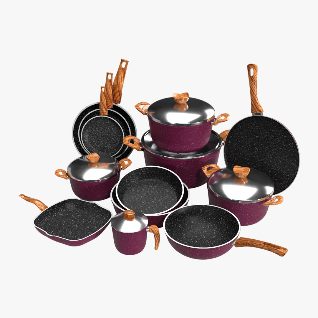 طقم حلل جرانيت تيرينوفا 18 قطعة لون بوردو – طقم طبخ متكامل بأحجام متعددة للمطبخ العصري