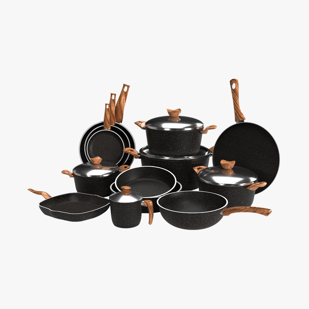 طقم حلل جرانيت تيرينوفا 18 قطعة لون اسود – طقم طبخ متكامل بأحجام متعددة للمطبخ العصري