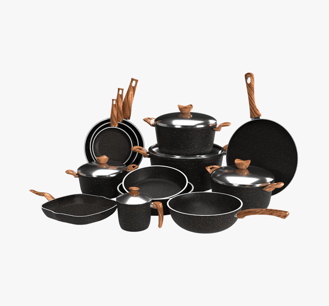 طقم حلل جرانيت تيرينوفا 18 قطعة لون اسود – طقم طبخ متكامل بأحجام متعددة للمطبخ العصري