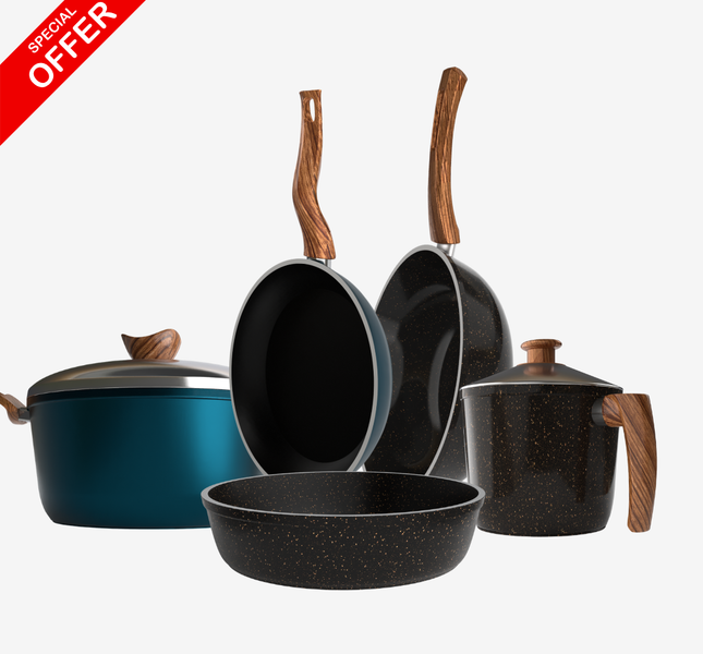 لبانة جرانيت 16 سم + حلة جرانيت 28 سم + مقلاية جرانيت 28 سم + صينية جرانيت 28 سم + ووك جرانيت 28 سم – بريميوم 5 مم | اللون حسب المتوفر