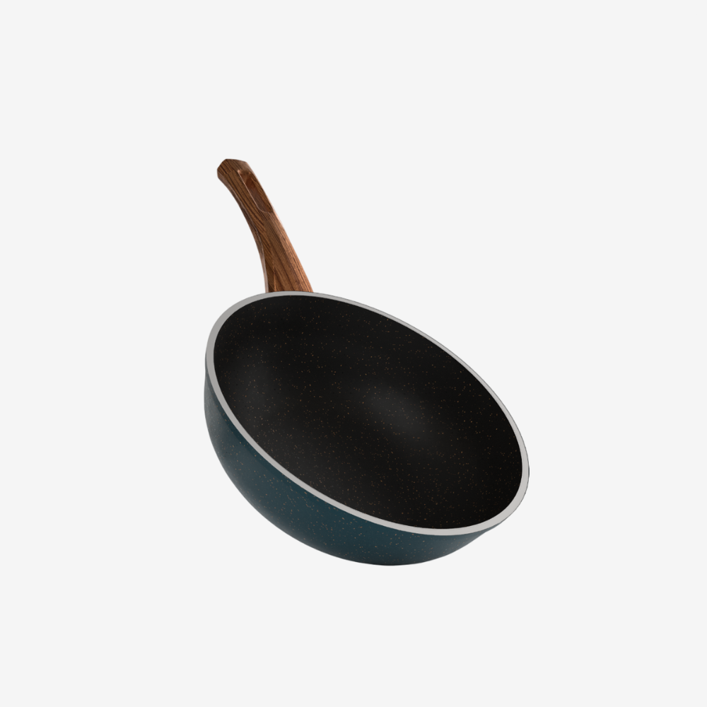 مقلاية ووك جرانيت لون تركواز مقاس 28 بمقبض باكليت خشبي - بريميوم سٌمك  4 مم