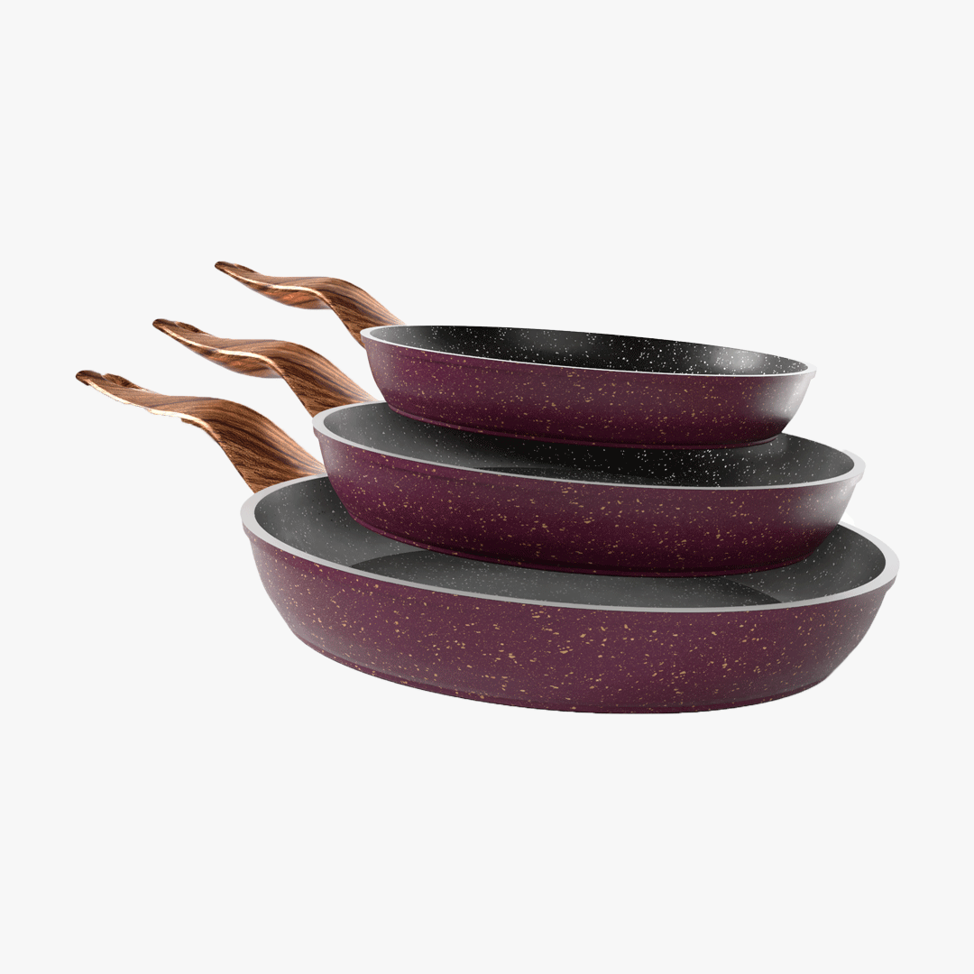 طقم مقلاية جرانيت بوردو 3 قطع بمقبض خشبي - بريميوم سٌمك  5 مم