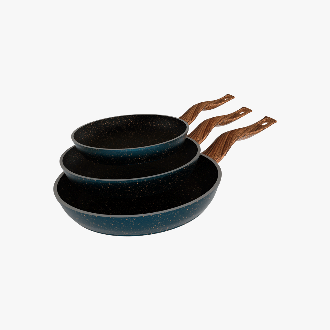 طقم مقلاية جرانيت تركواز  3 قطع بمقبض خشبي - بريميوم سٌمك  5 مم