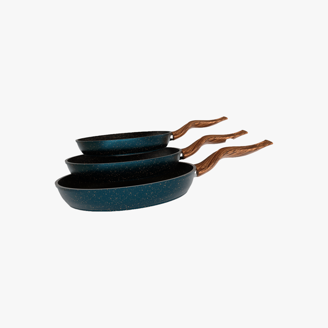 طقم مقلاية جرانيت تركواز  3 قطع بمقبض خشبي - بريميوم سٌمك  5 مم