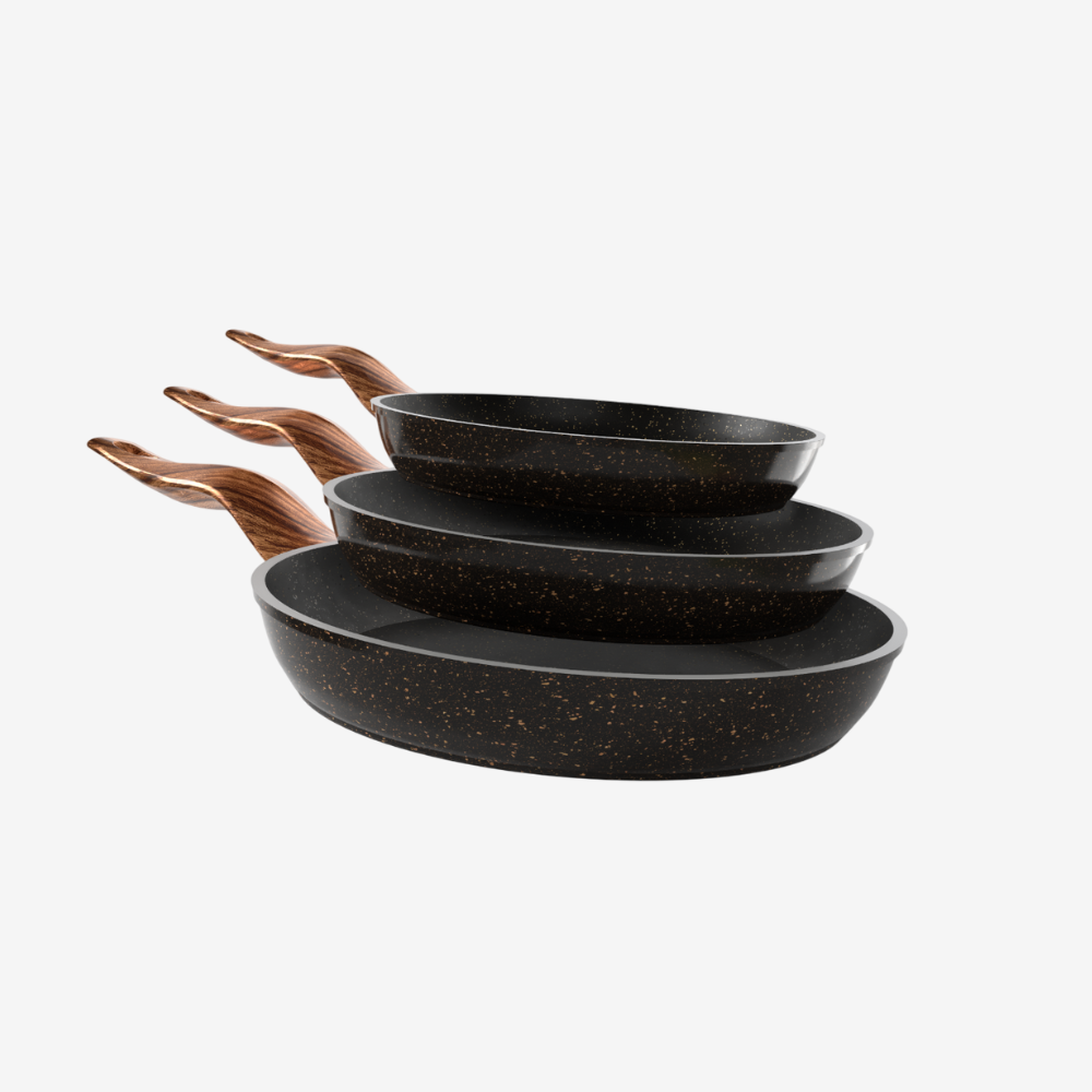 طقم مقلاية جرانيت اسود 3 قطع بمقبض خشبي - بريميوم سٌمك  5 مم