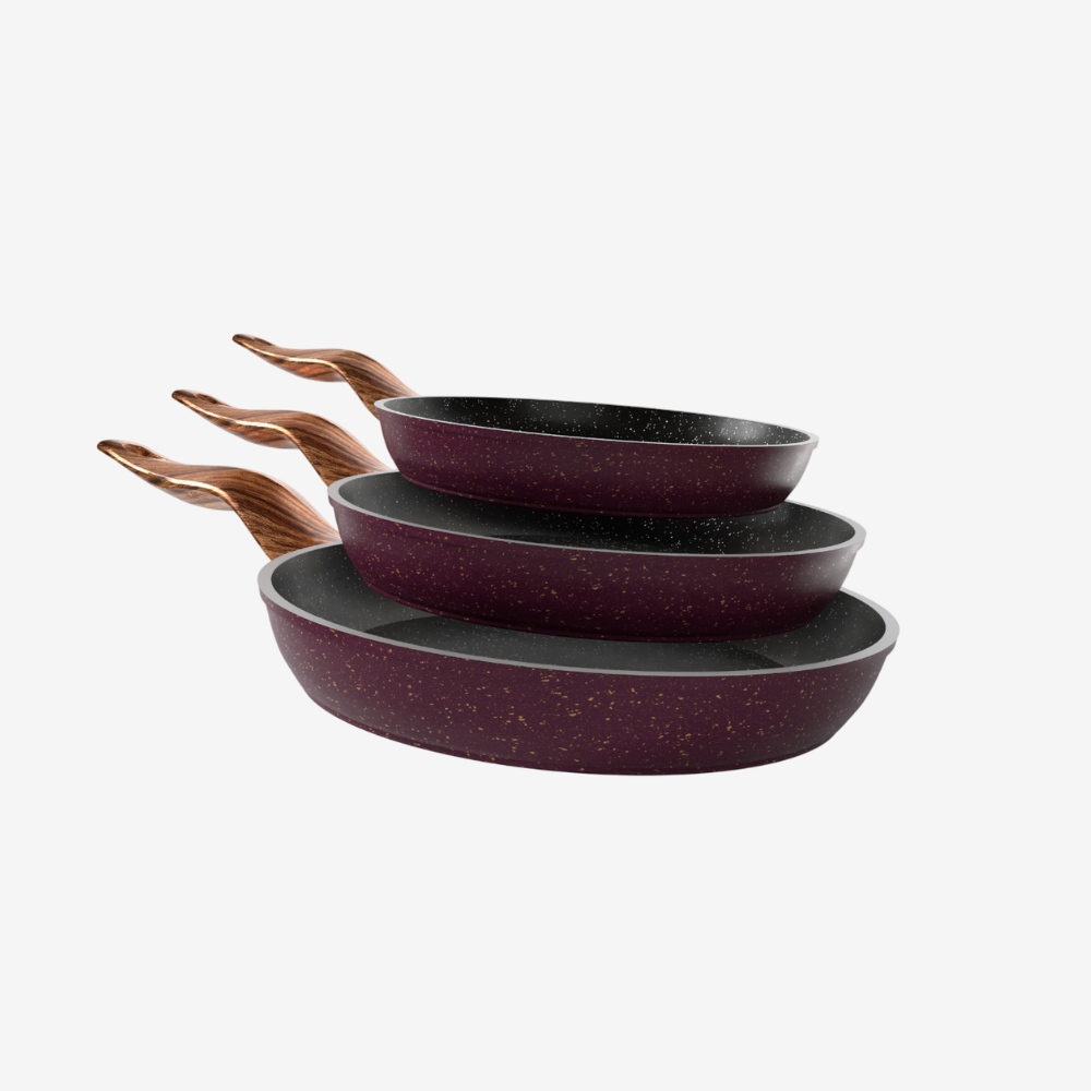 طقم مقلاية جرانيت بوردو 3 قطع بمقبض خشبي - بريميوم سٌمك  5 مم