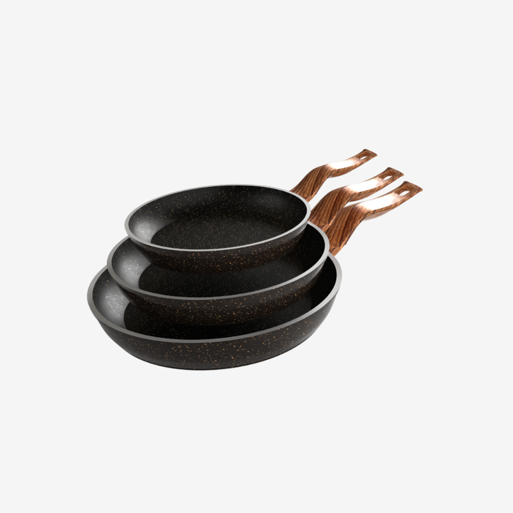 طقم مقلاية جرانيت اسود 3 قطع بمقبض خشبي - بريميوم سٌمك  5 مم