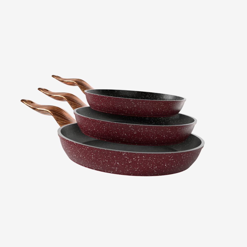 طقم مقلاية جرانيت احمر 3 قطع بمقبض خشبي - بريميوم سٌمك  5 مم