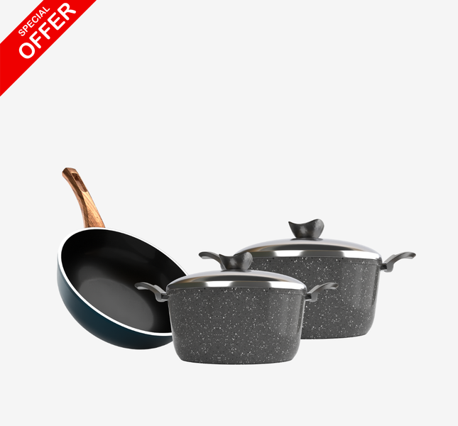 ووك جرانيت + حلة جرانيت 28 سم + حلة جرانيت 18 سم – بريميوم سُمك 5 مم حسب اللون المتوفر