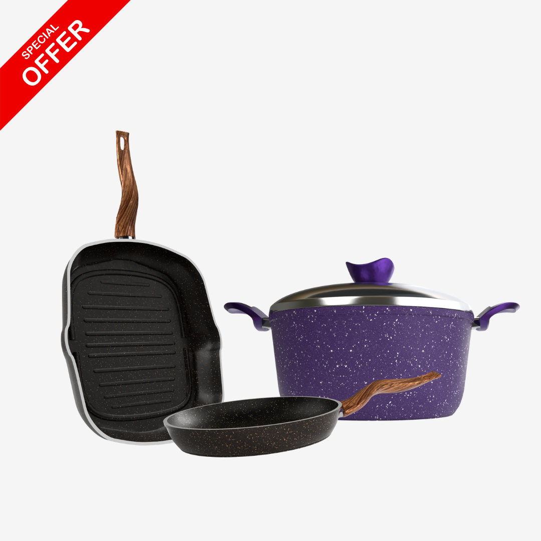 حلة جرانيت 24 سم + مقلاية جرانيت 24 سم + جريل جرانيت – بريميوم سُمك 5 مم | اللون حسب المتوفر