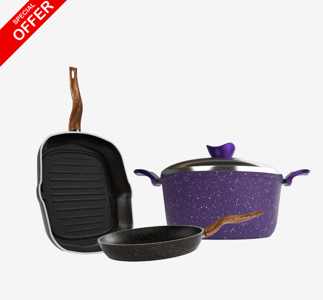 حلة جرانيت 24 سم + مقلاية جرانيت 24 سم + جريل جرانيت – بريميوم سُمك 5 مم | اللون حسب المتوفر