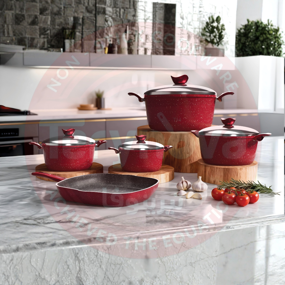 طقم حلل جرانيت احمر 9 قطع بجريل  - بريميوم سٌمك 5 مم