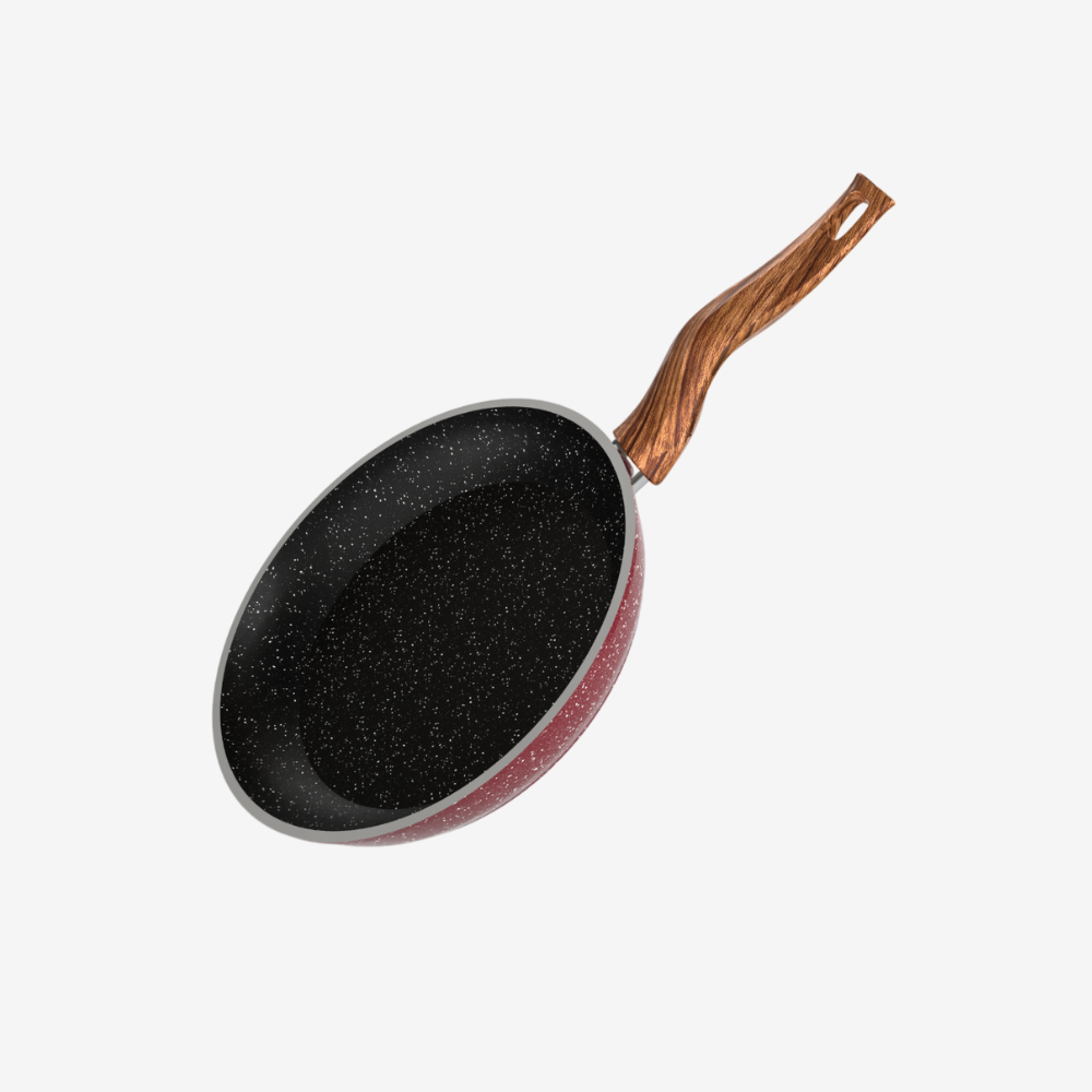 مقلاية جرانيت لون احمر بمقبض خشبي مقاسات - بريميوم سٌمك  5 مم