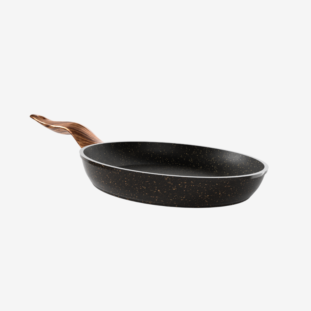 مقلاية جرانيت لون اسود بمقبض خشبي مقاسات - بريميوم سٌمك  5 مم