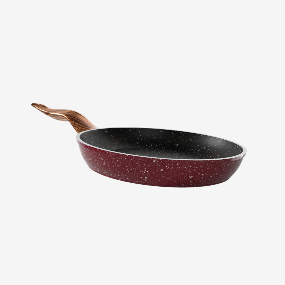 مقلاية جرانيت لون احمر بمقبض خشبي مقاسات - بريميوم سٌمك  5 مم