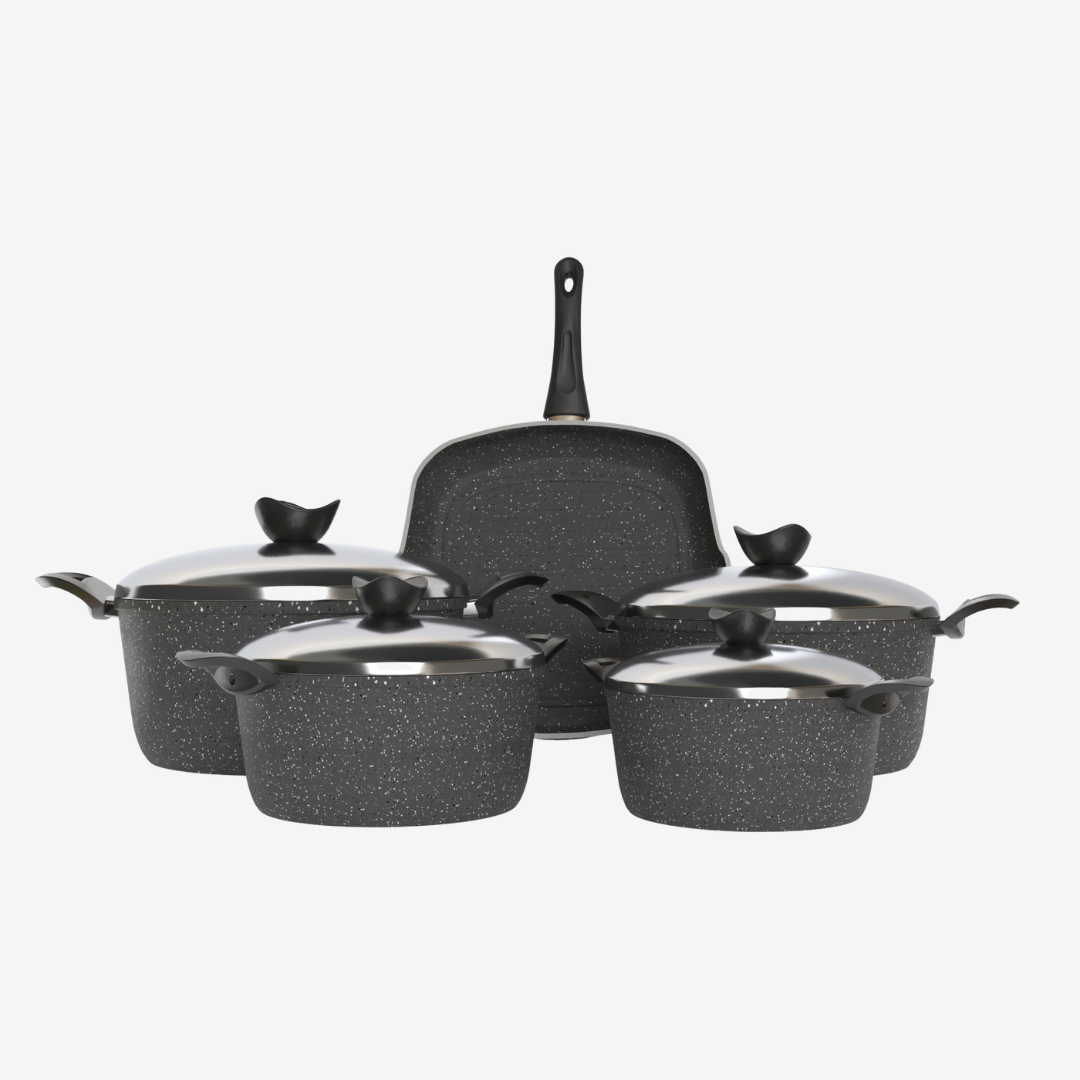 طقم حلل جرانيت رمادي 9 قطع بجريل  - بريميوم سٌمك 5 مم