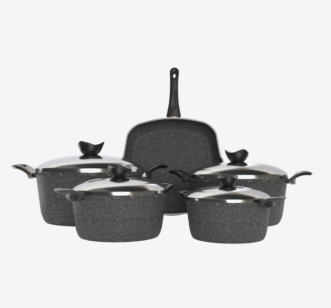 طقم حلل جرانيت رمادي 9 قطع بجريل  - بريميوم سٌمك 5 مم