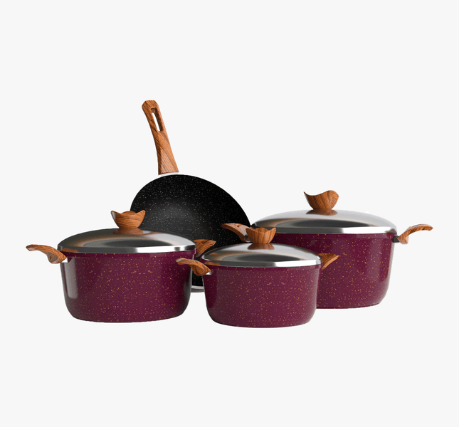 طقم حلل جرانيت بوردو 7 قطع و ووك بمقابض بكاليت خشبية - بريميوم سٌمك 5 مم