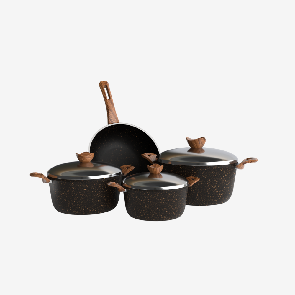 طقم حلل جرانيت اسود 7 قطع و ووك بمقابض بكاليت خشبية - بريميوم سٌمك 5 مم