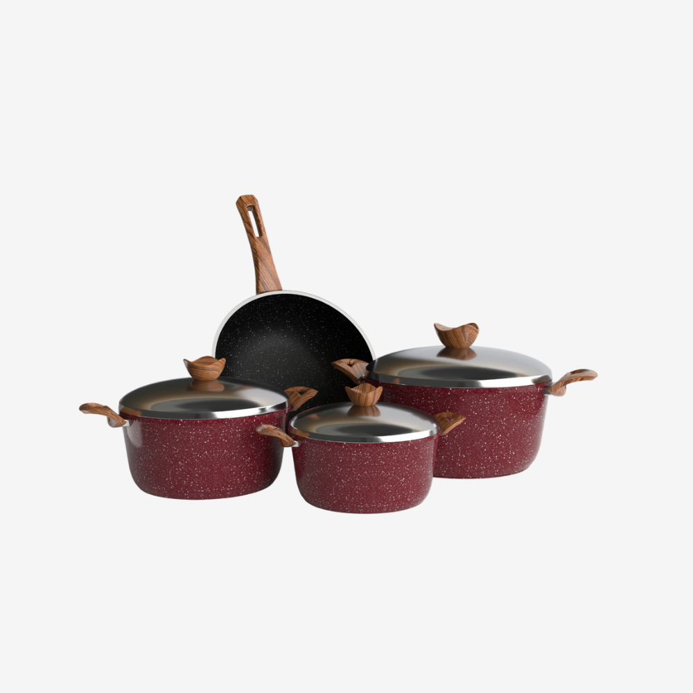 طقم حلل جرانيت احمر 7 قطع و ووك بمقابض بكاليت خشبية - بريميوم سٌمك 5 مم