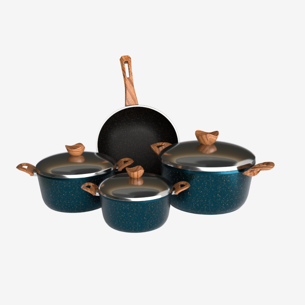 طقم حلل جرانيت تركواز 7 قطع و ووك بمقابض خشبية - بريميوم سٌمك 5 مم