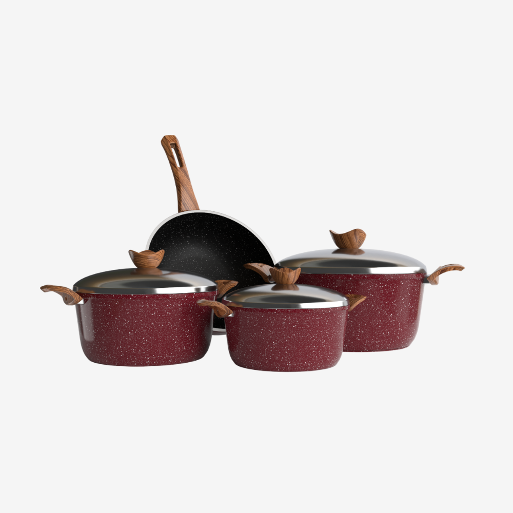 طقم حلل جرانيت احمر 7 قطع و ووك بمقابض بكاليت خشبية - بريميوم سٌمك 5 مم