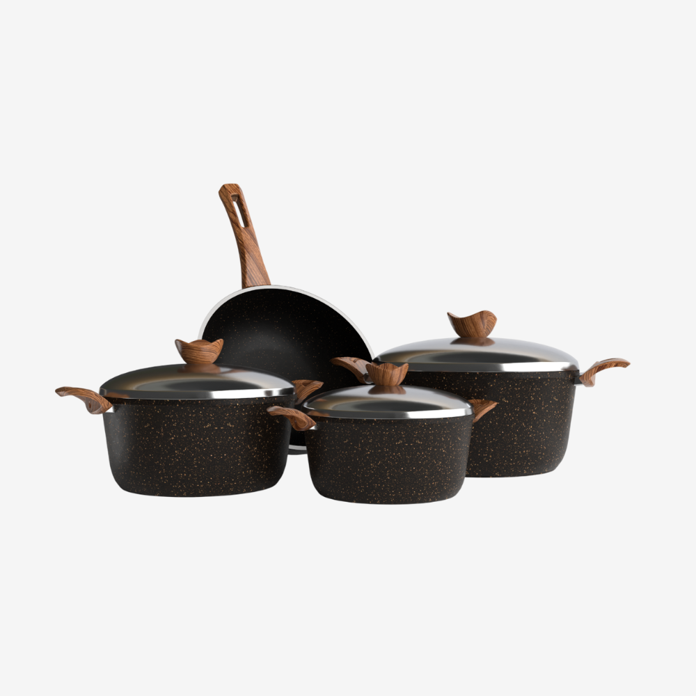 طقم حلل جرانيت اسود 7 قطع و ووك بمقابض بكاليت خشبية - بريميوم سٌمك 5 مم