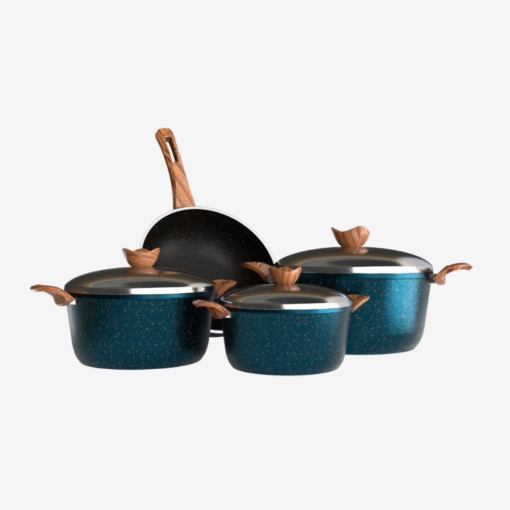 طقم حلل جرانيت تركواز 7 قطع و ووك بمقابض خشبية - بريميوم سٌمك 5 مم