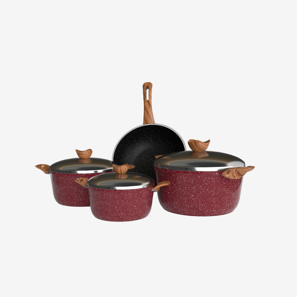 طقم حلل جرانيت احمر 7 قطع و ووك بمقابض بكاليت خشبية - بريميوم سٌمك 5 مم