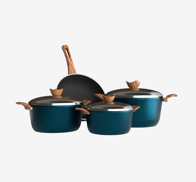 طقم حلل تيفال تركواز 7 قطع و ووك بمقابض خشبية - بريميوم سٌمك 5 مم