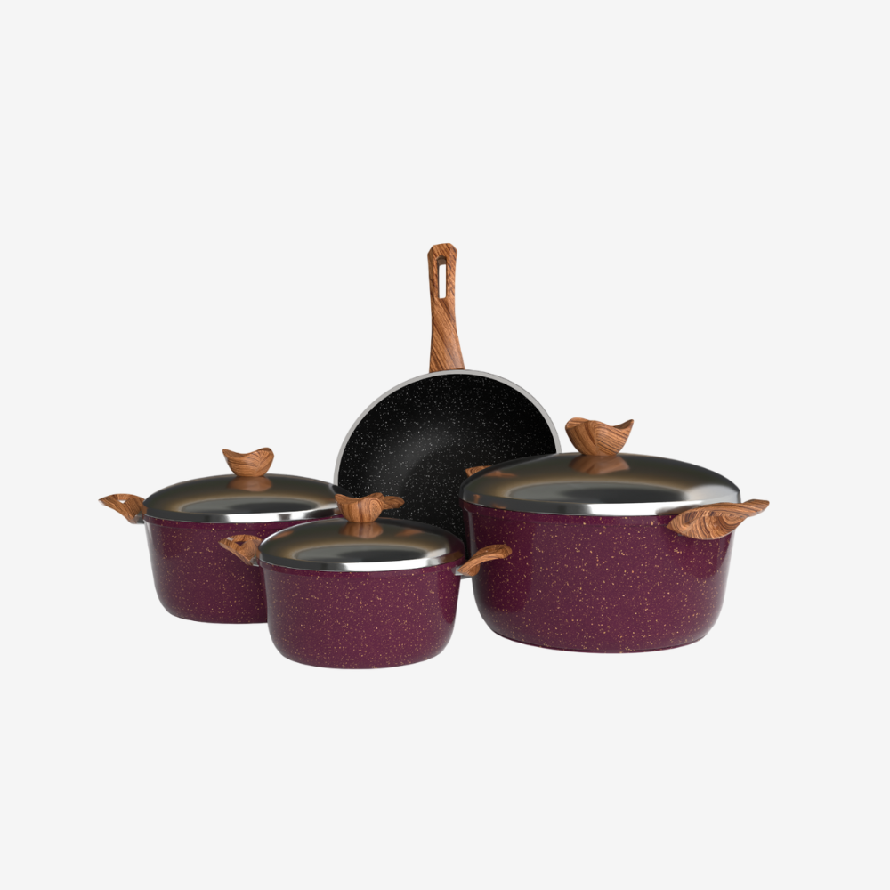 طقم حلل جرانيت بوردو 7 قطع و ووك بمقابض بكاليت خشبية - بريميوم سٌمك 5 مم