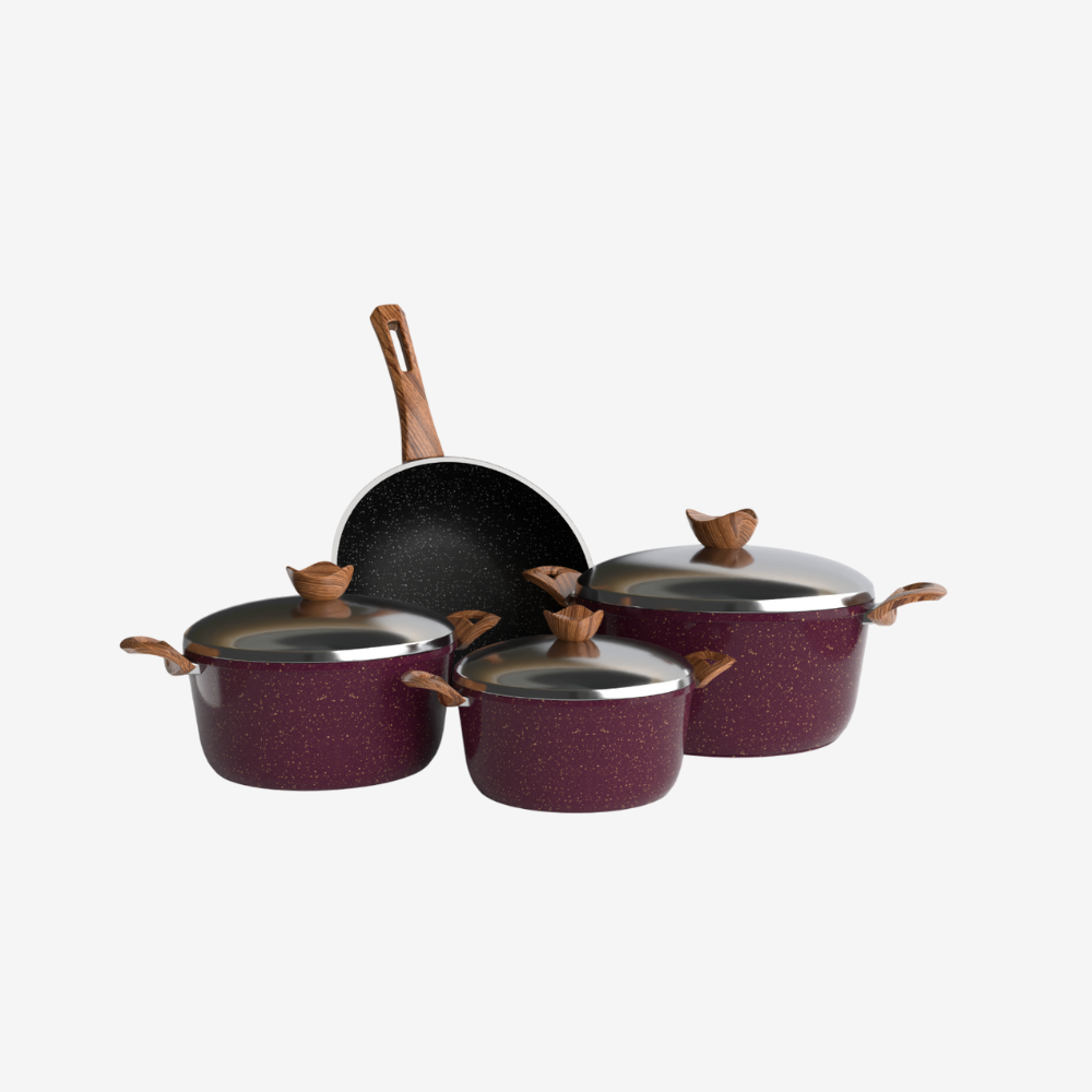 طقم حلل جرانيت بوردو 7 قطع و ووك بمقابض بكاليت خشبية - بريميوم سٌمك 5 مم