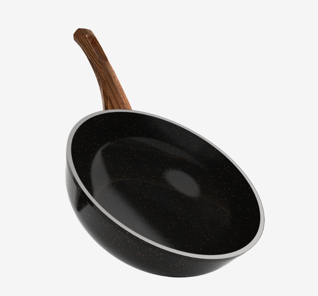 مقلاية ووك جرانيت لون اسود مقاس 28 بمقبض باكليت خشبي - بريميوم سٌمك  4 مم