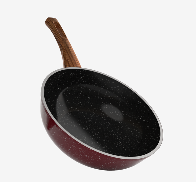 مقلاية ووك جرانيت لون احمر مقاس 28 بمقبض باكليت خشبي - بريميوم سٌمك  4 مم