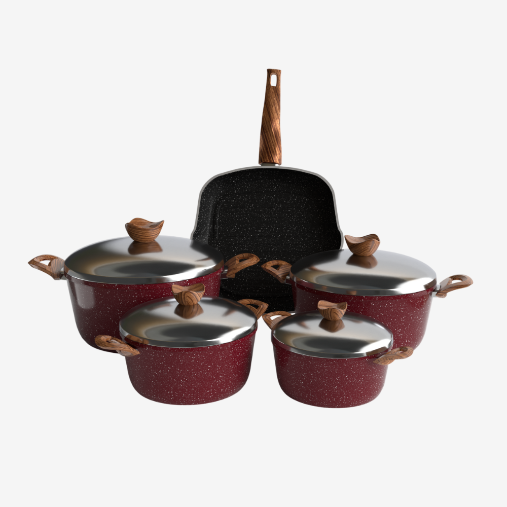 طقم حلل جرانيت احمر 9 قطع بجريل بمقبض باكليت خشبي  - بريميوم سٌمك 5 مم