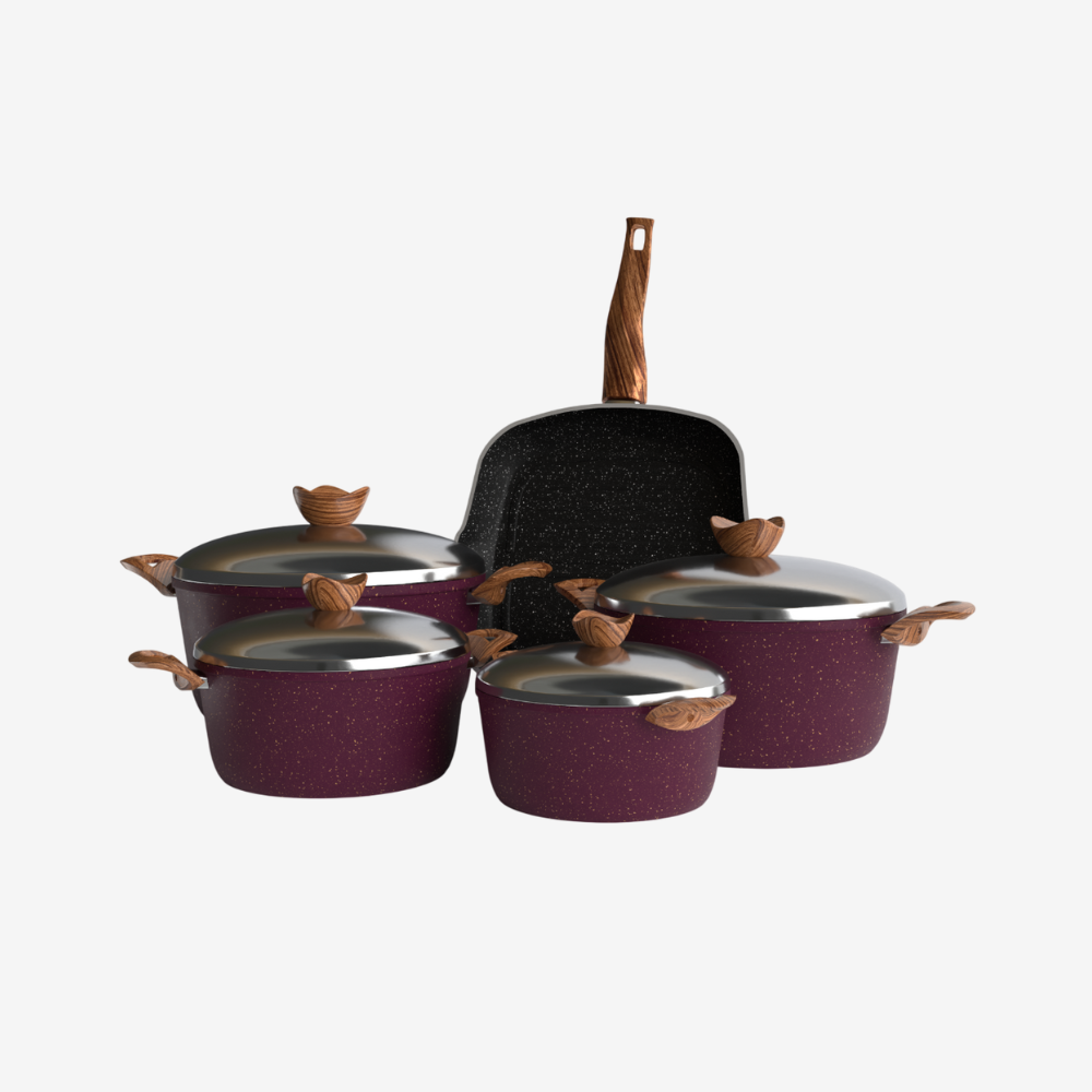 طقم حلل جرانيت بريميوم 9 قطع من تيرينوفا – طلاء إيطالي غير لاصق – توزيع حرارة مثالي – طبخ صحي آمن بوردو