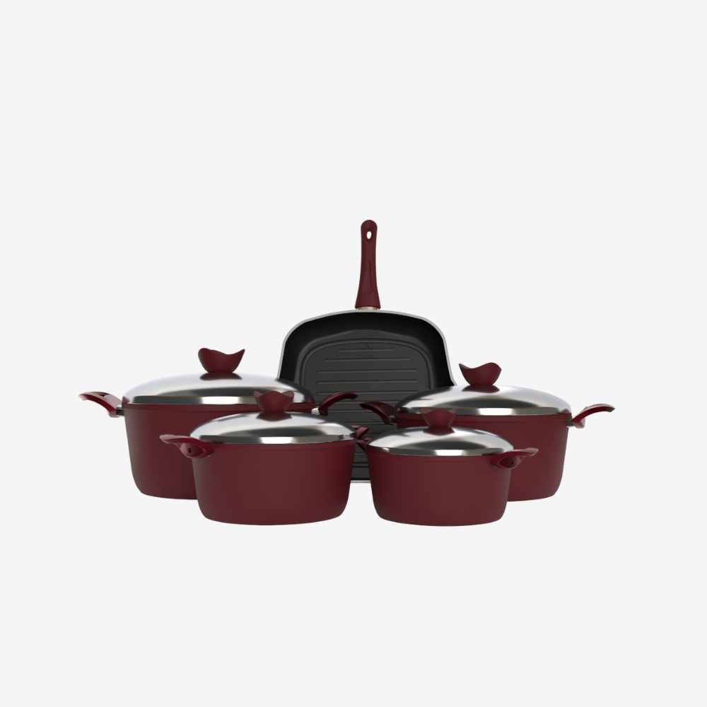 طقم حلل تيفال أحمر 9 قطع بجريل 