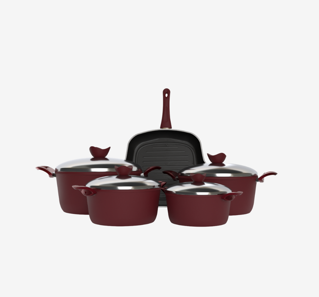 طقم حلل تيفال أحمر 9 قطع بجريل 