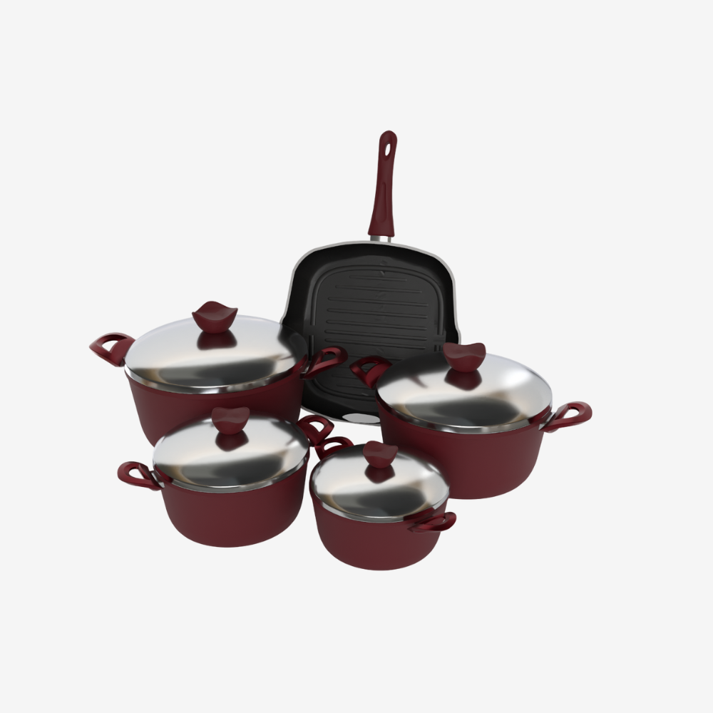 طقم حلل تيفال أحمر 9 قطع بجريل مميز 