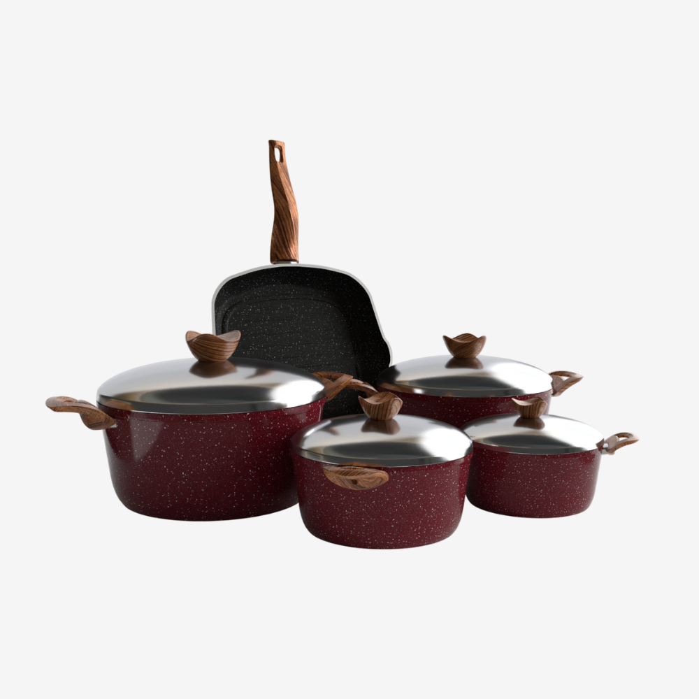 طقم حلل جرانيت احمر 9 قطع بجريل بمقبض باكليت خشبي  - بريميوم سٌمك 5 مم