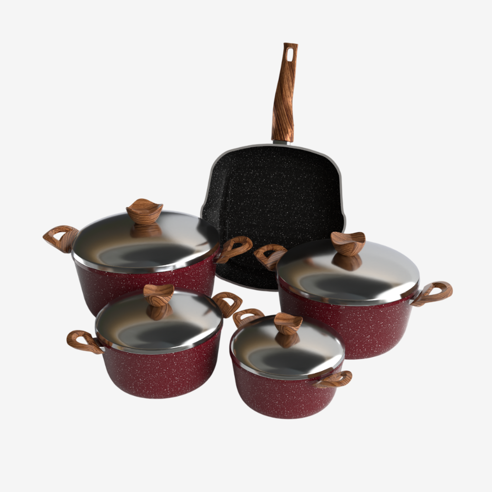 طقم حلل جرانيت احمر 9 قطع بجريل بمقبض باكليت خشبي  - بريميوم سٌمك 5 مم